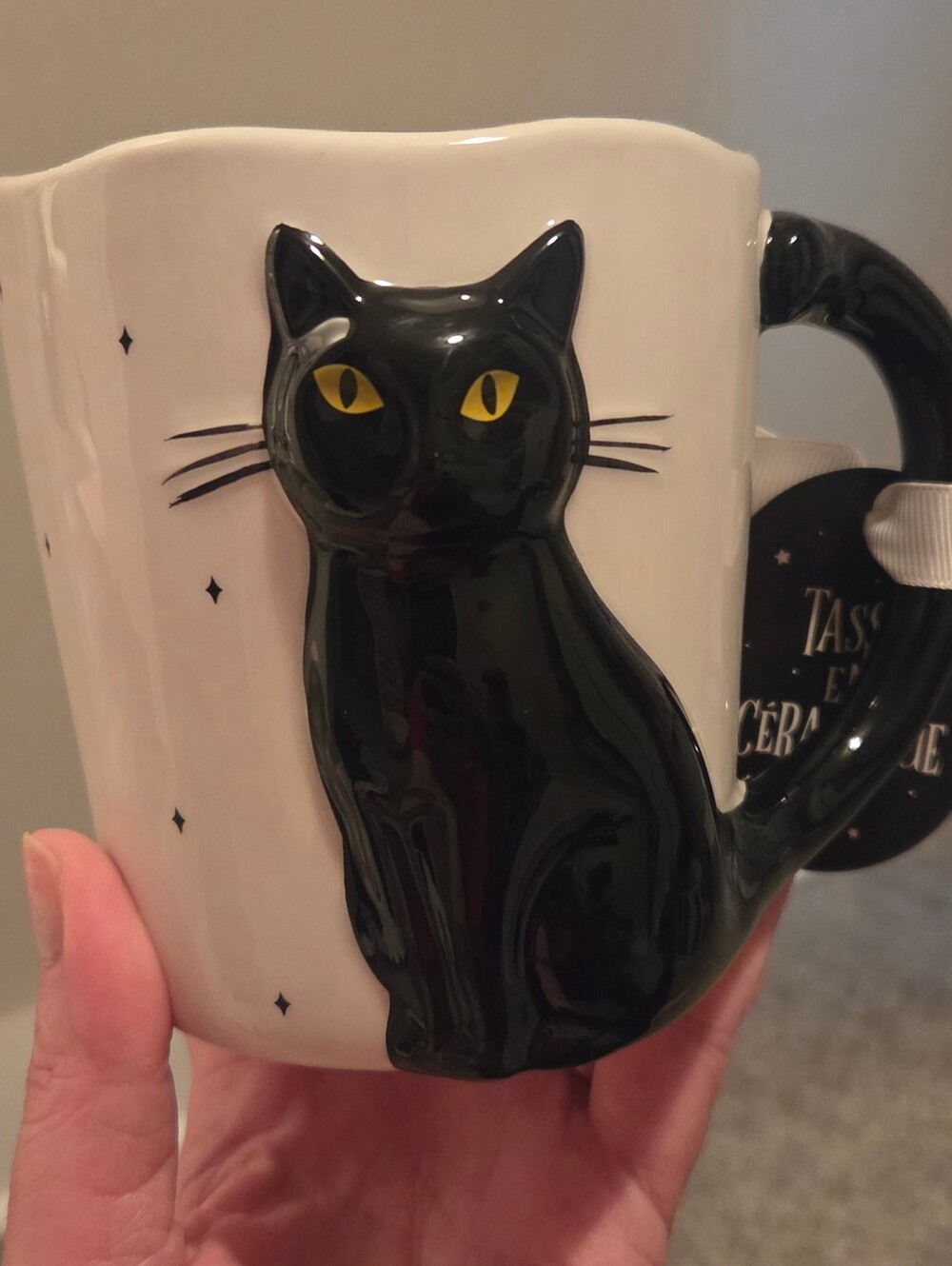 3D lack Cat Mug with Yellow Eyes Unique Cool Halloween Spooky